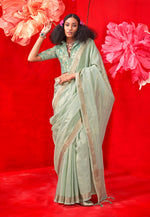 Thumbnail for Monjolika Fashion Sea Green Tissue Weaving Zari Ceremonial Contemporary Saree