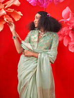 Thumbnail for Monjolika Fashion Sea Green Tissue Weaving Zari Ceremonial Contemporary Saree