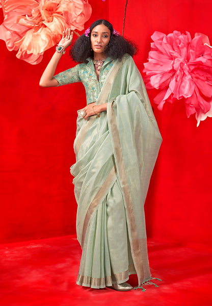 Monjolika Fashion Sea Green Tissue Weaving Zari Ceremonial Contemporary Saree