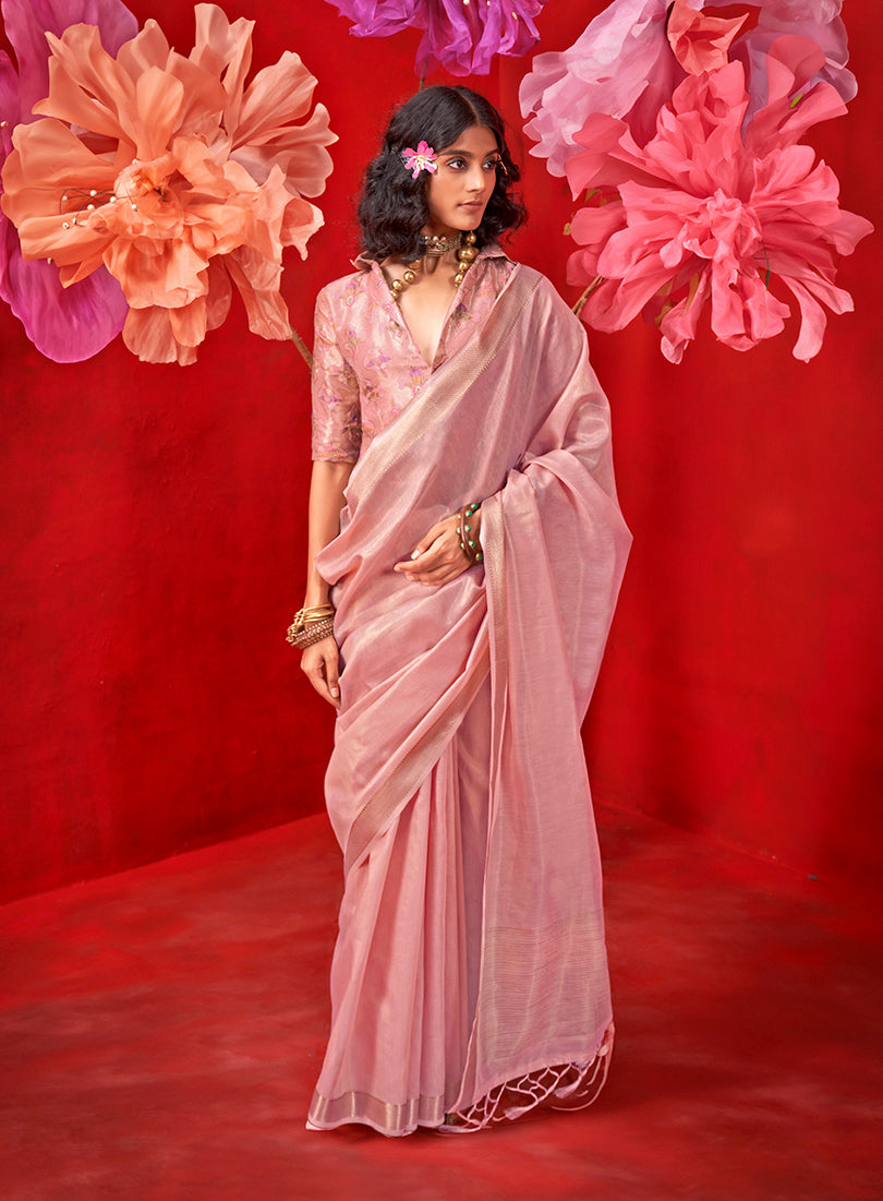 Monjolika Fashion Light Pink Tissue Weaving Zari Ceremonial Contemporary Saree