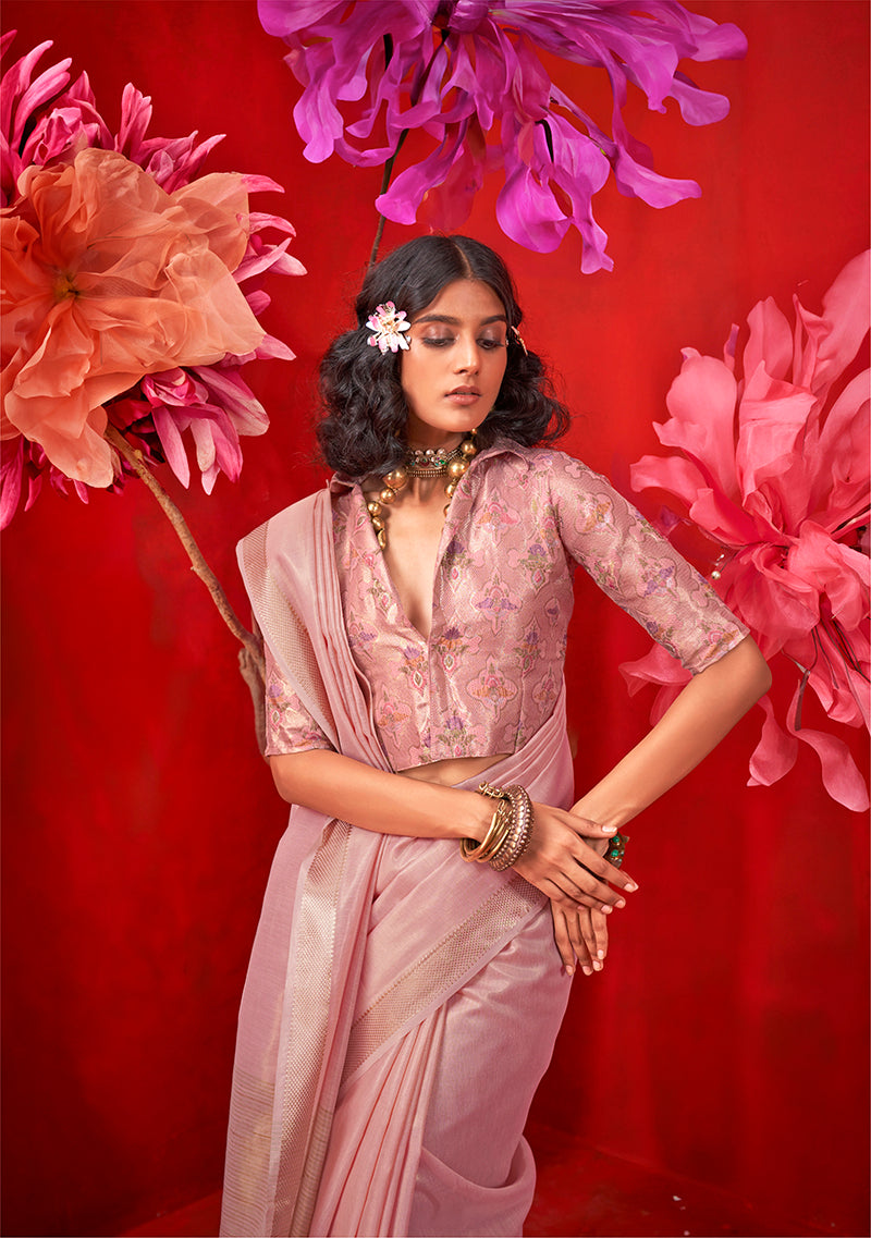 Monjolika Fashion Light Pink Tissue Weaving Zari Ceremonial Contemporary Saree