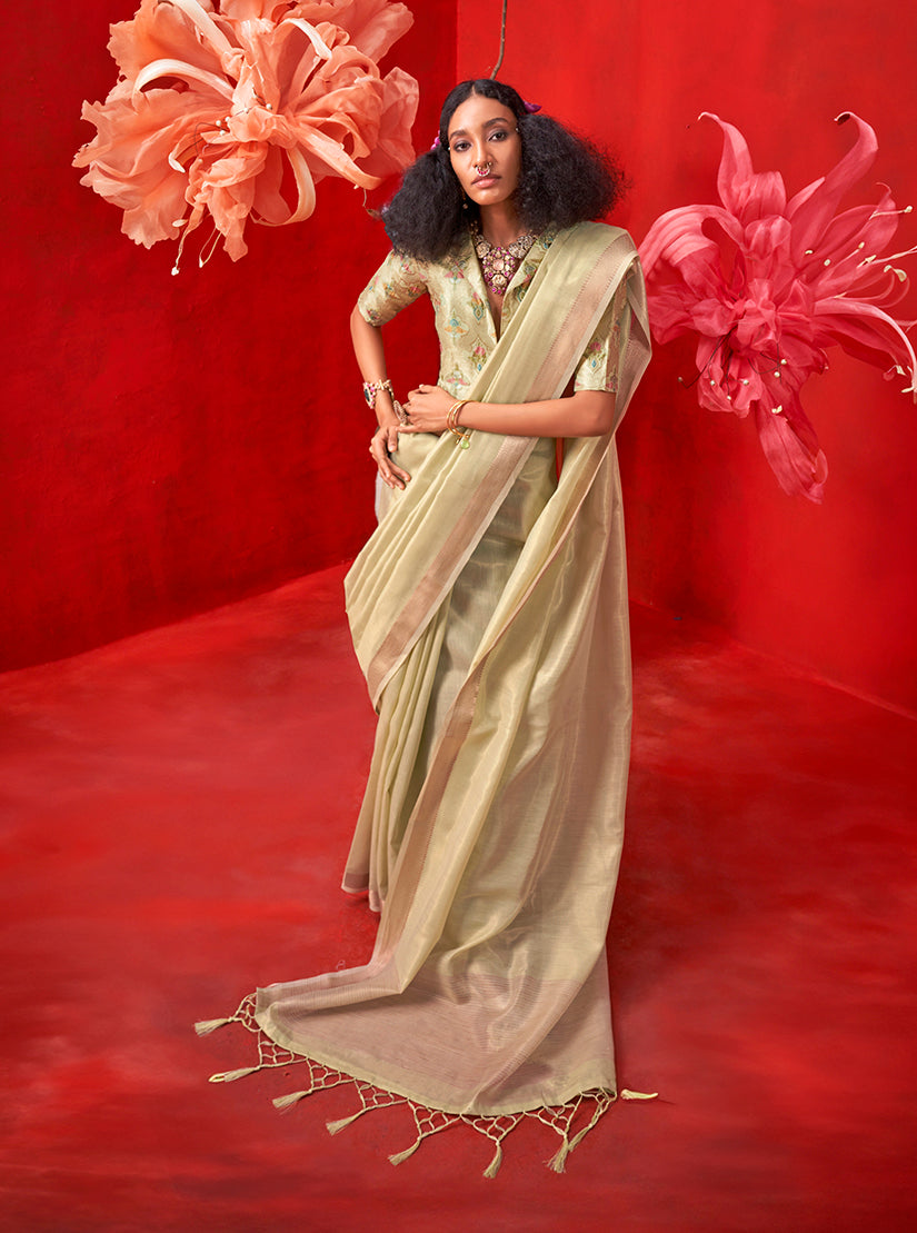 Monjolika Fashion Light Green Tissue Weaving Zari Ceremonial Contemporary Saree