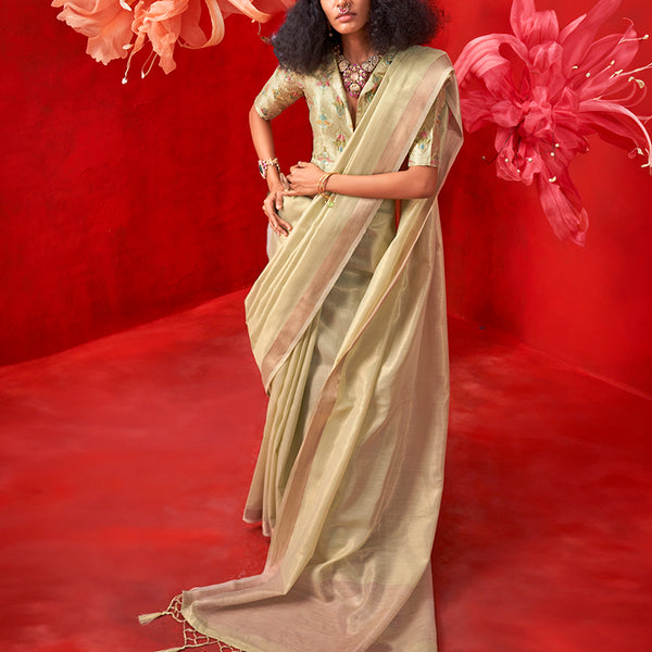 Monjolika Fashion Light Green Tissue Weaving Zari Ceremonial Contemporary Saree - Distacart