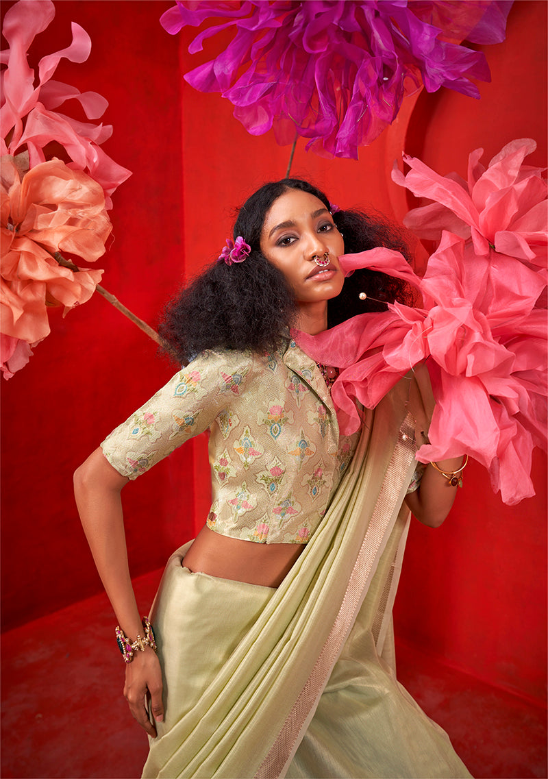 Monjolika Fashion Light Green Tissue Weaving Zari Ceremonial Contemporary Saree