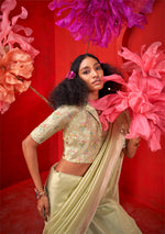 Thumbnail for Monjolika Fashion Light Green Tissue Weaving Zari Ceremonial Contemporary Saree