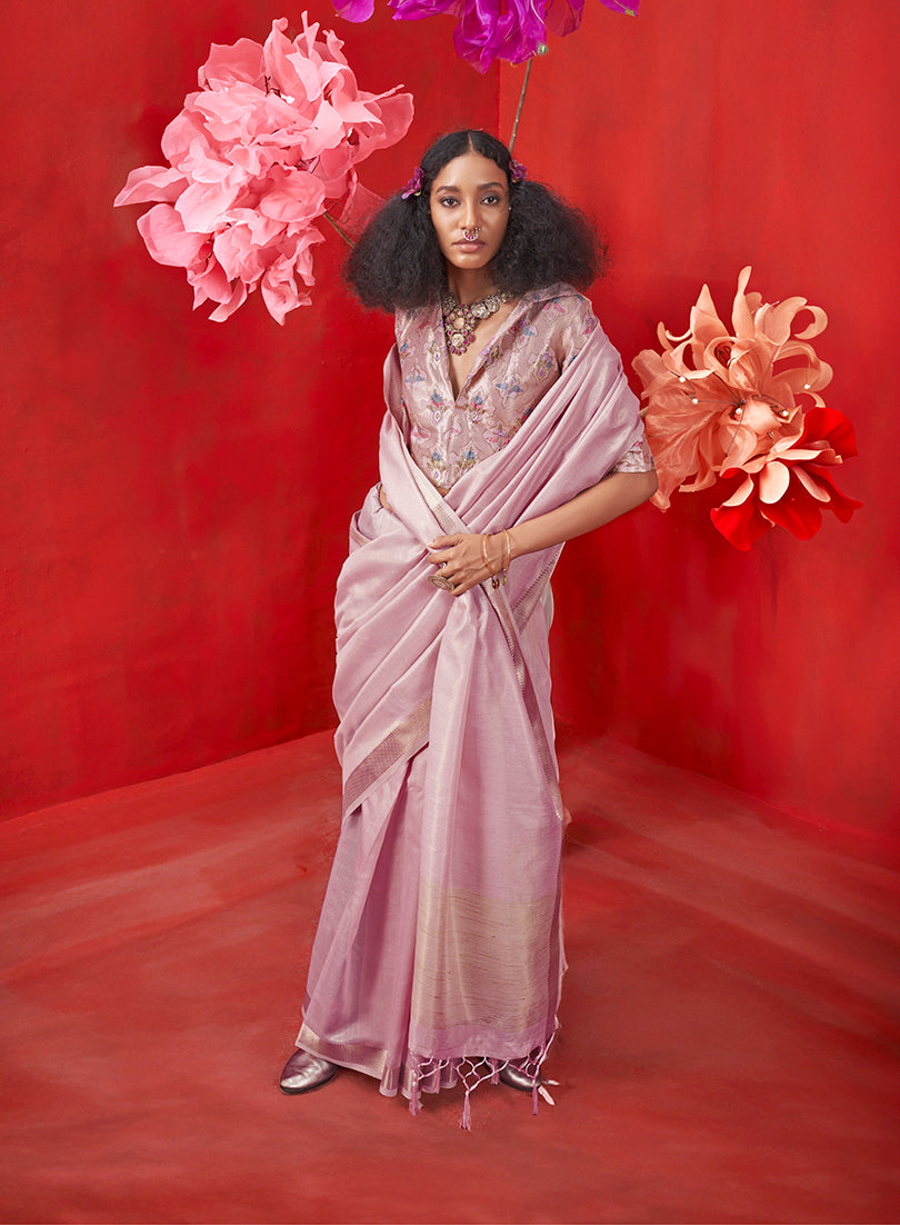 Monjolika Fashion Lavender Tissue Weaving Zari Ceremonial Contemporary Saree