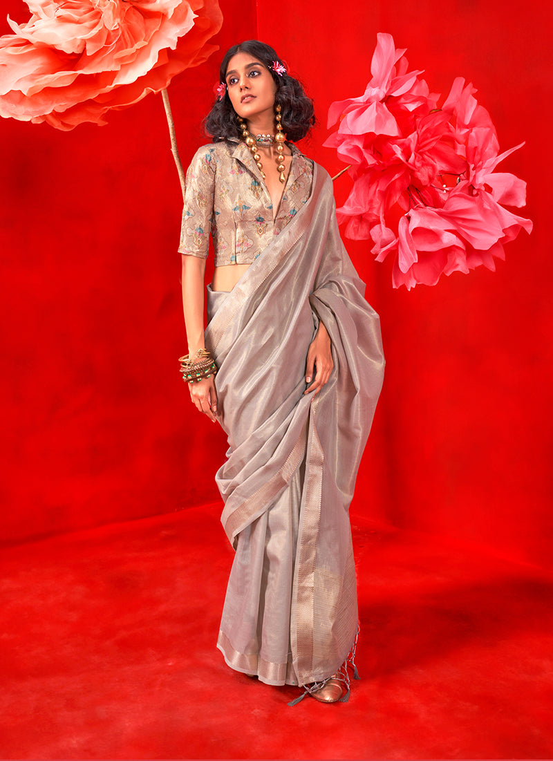 Monjolika Fashion Light Grey Tissue Weaving Zari Ceremonial Contemporary Saree