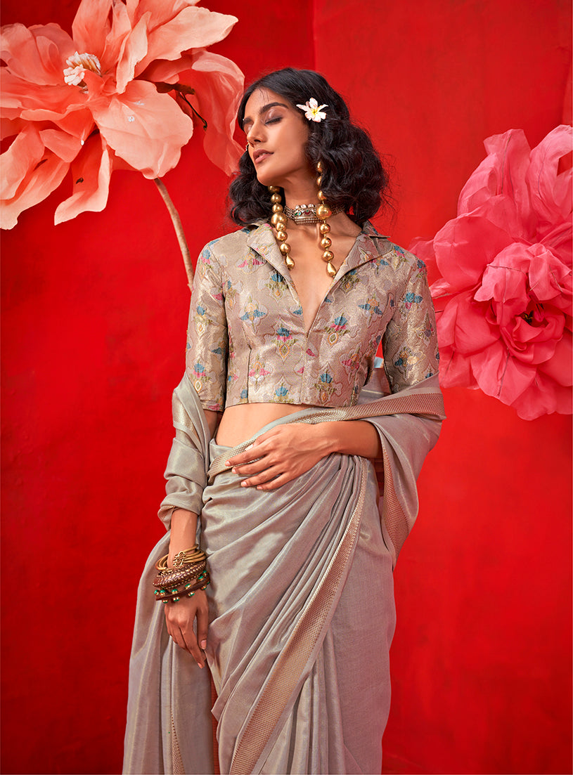 Monjolika Fashion Light Grey Tissue Weaving Zari Ceremonial Contemporary Saree