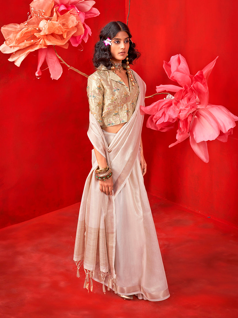 Monjolika Fashion Off White Tissue Weaving Zari Ceremonial Contemporary Saree