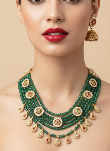 Jewel City Traditional Handcrafted Green Beaded Gold-Plated Necklace Set - Distacart