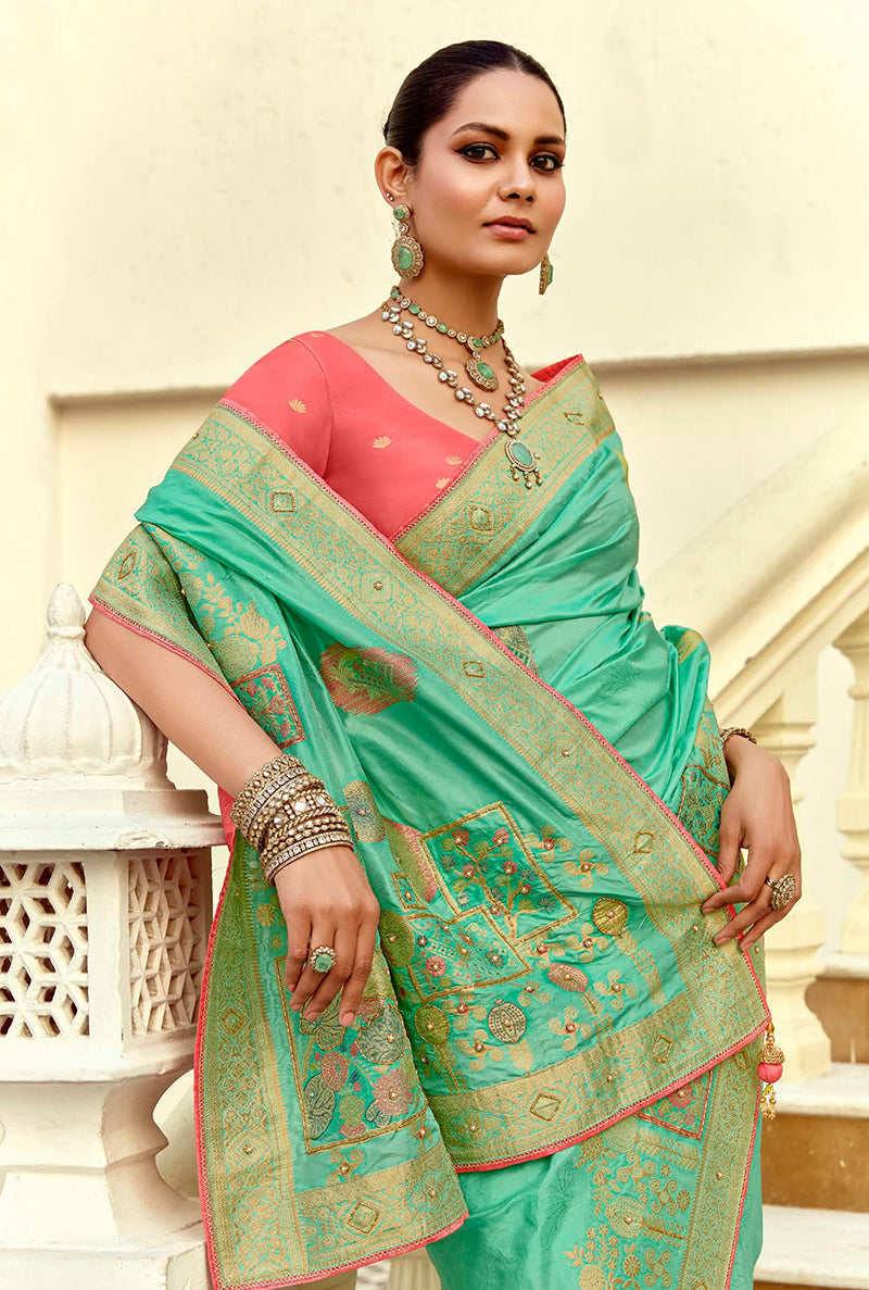Monjolika Fashion Silk Blend Weaving Sea Green Traditional Saree