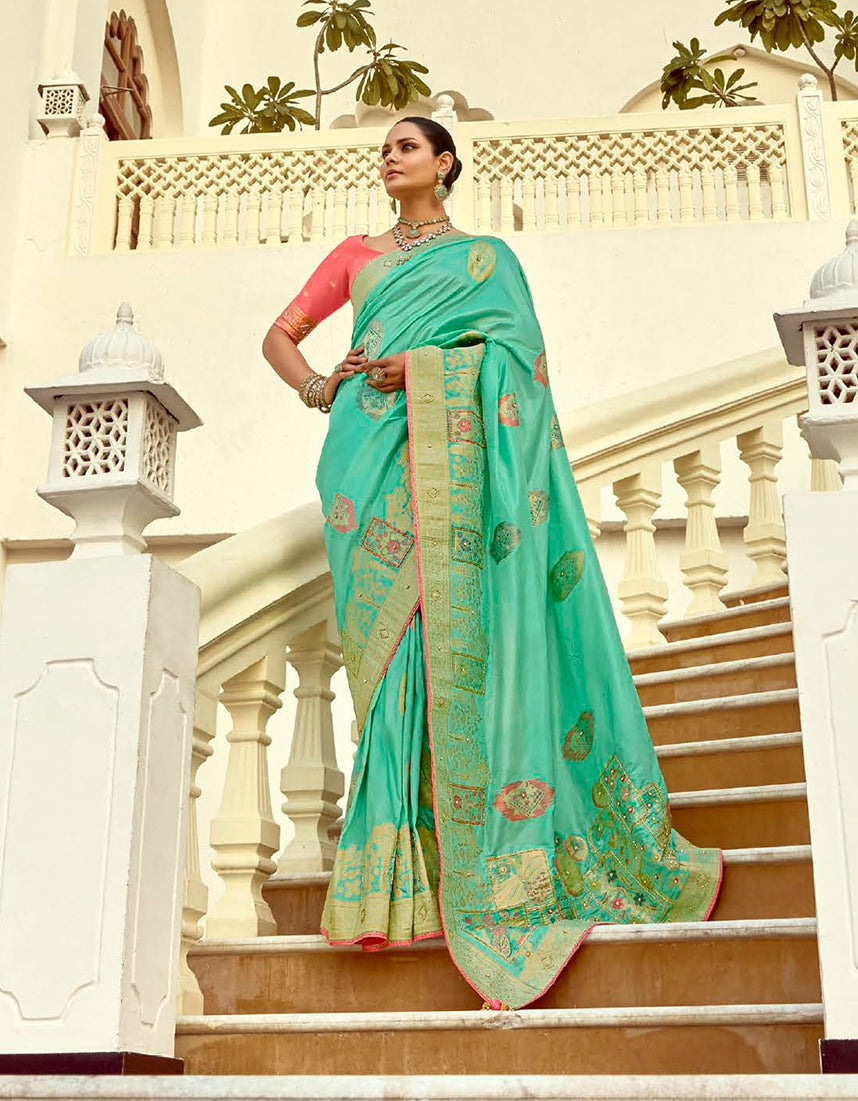 Monjolika Fashion Silk Blend Weaving Sea Green Traditional Saree