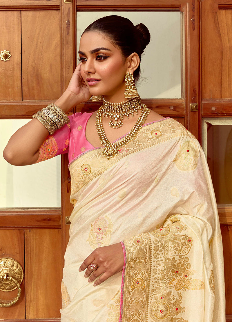 Monjolika Fashion Silk Blend Weaving Off White Traditional Saree - Distacart