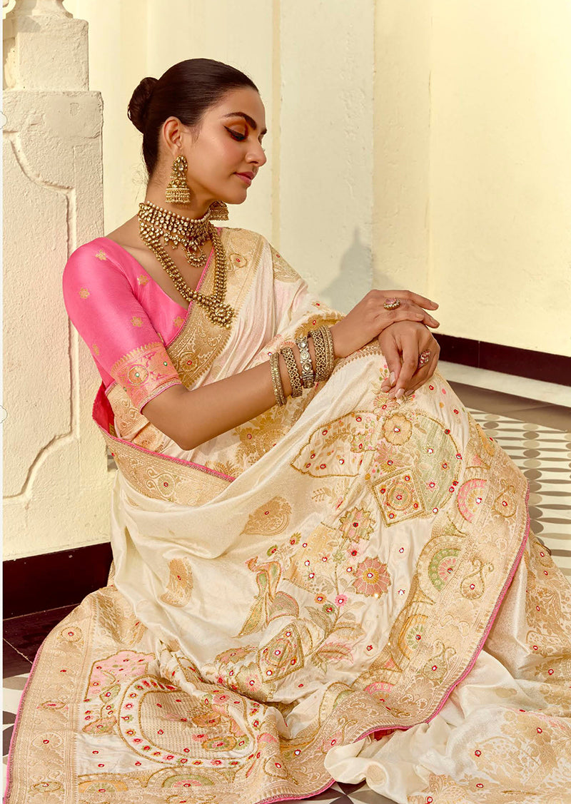 Monjolika Fashion Silk Blend Weaving Off White Traditional Saree - Distacart