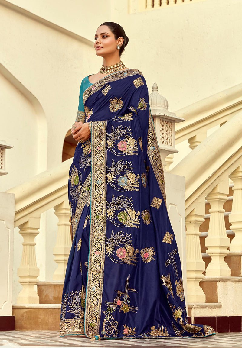 Monjolika Fashion Silk Blend Weaving Navy Blue Traditional Saree