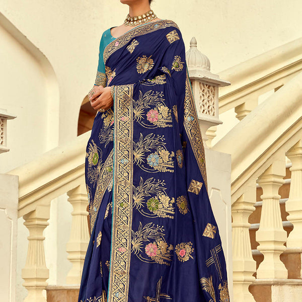Monjolika Fashion Silk Blend Weaving Navy Blue Traditional Saree - Distacart