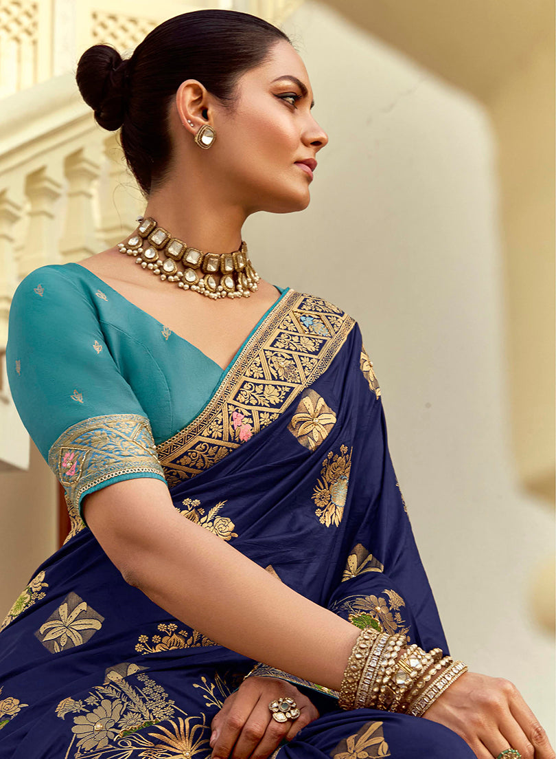 Monjolika Fashion Silk Blend Weaving Navy Blue Traditional Saree