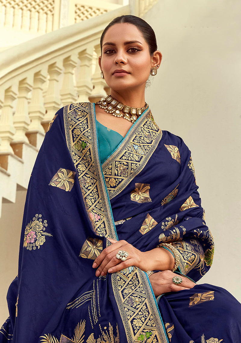 Monjolika Fashion Silk Blend Weaving Navy Blue Traditional Saree