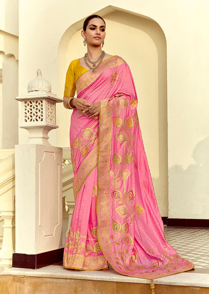 Monjolika Fashion Silk Blend Weaving Pink Traditional Saree - Distacart