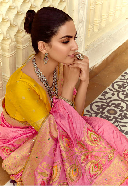 Monjolika Fashion Silk Blend Weaving Pink Traditional Saree - Distacart