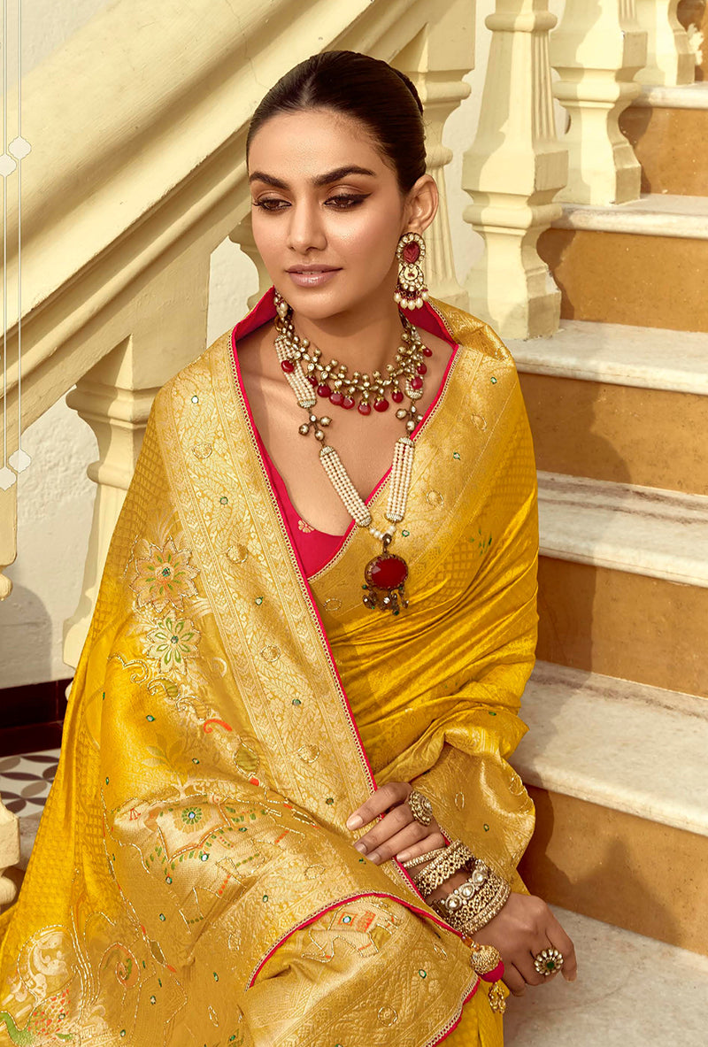 Monjolika Fashion Silk Blend Weaving Yellow Traditional Saree - Distacart