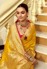 Thumbnail for Monjolika Fashion Silk Blend Weaving Yellow Traditional Saree - Distacart