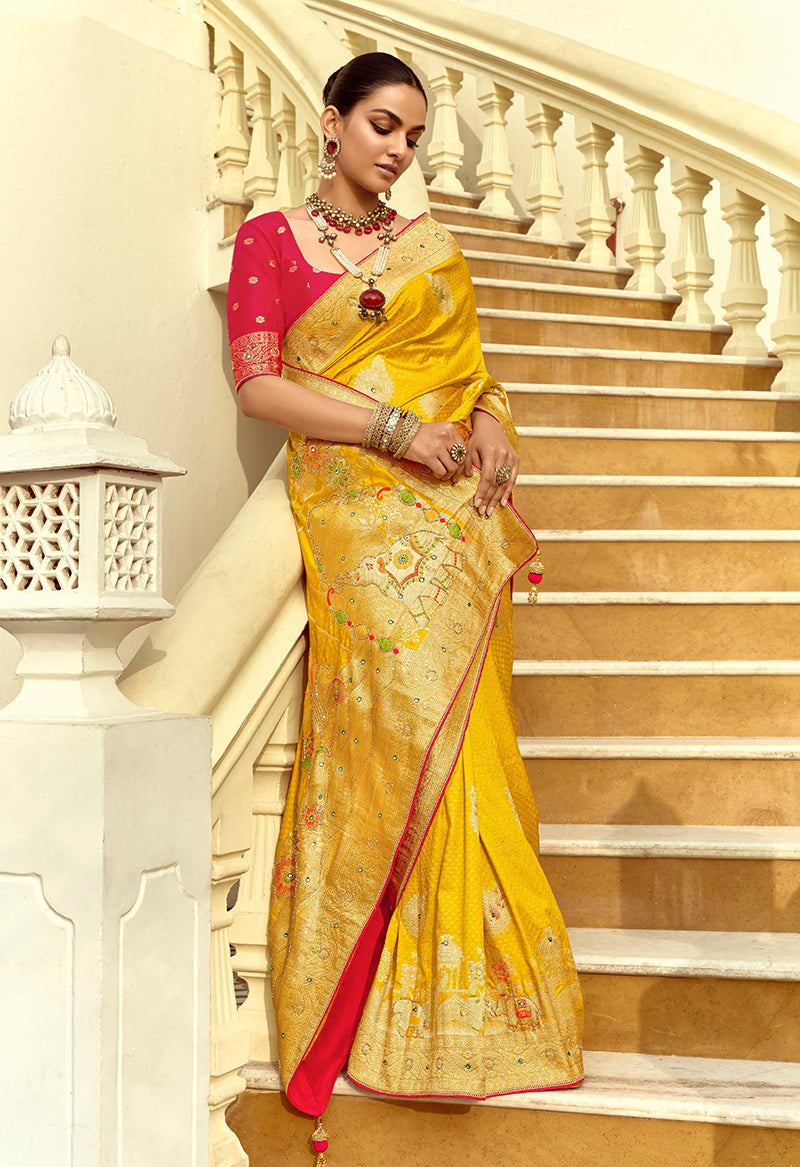 Monjolika Fashion Silk Blend Weaving Yellow Traditional Saree - Distacart