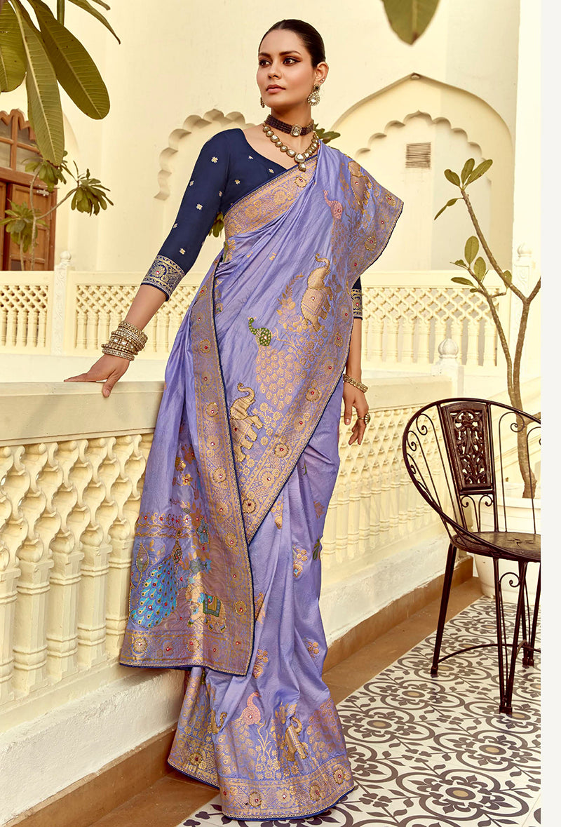 Monjolika Fashion Silk Blend Weaving Lavender Traditional Saree - Distacart