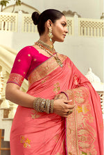 Thumbnail for Monjolika Fashion Silk Blend Weaving Salmon Traditional Saree - Distacart