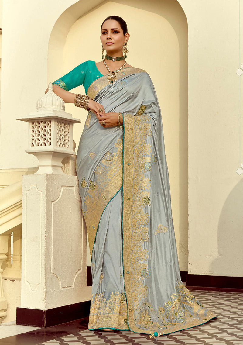 Monjolika Fashion Silk Blend Weaving Light Grey Traditional Saree