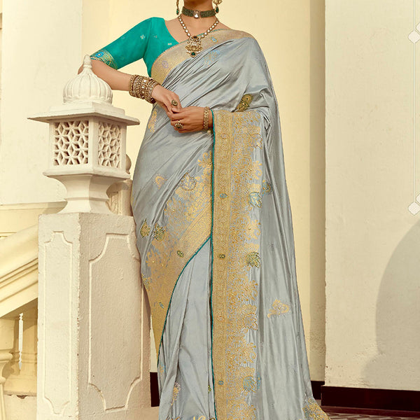 Monjolika Fashion Silk Blend Weaving Light Grey Traditional Saree - Distacart