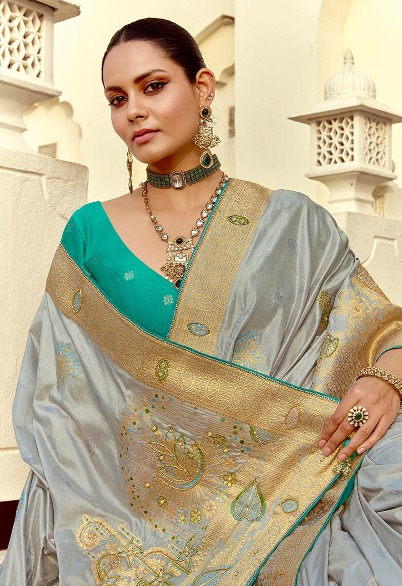 Monjolika Fashion Silk Blend Weaving Light Grey Traditional Saree