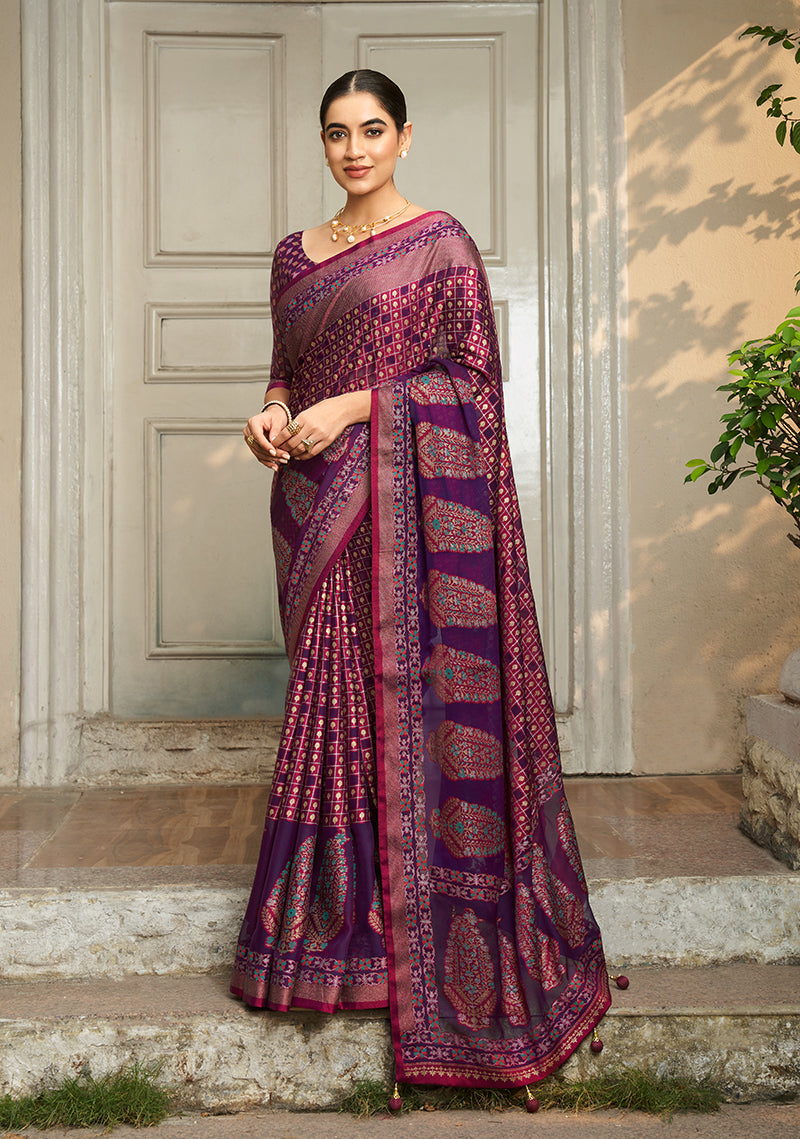 Monjolika Fashion Georgette Printed Purple Classic Saree