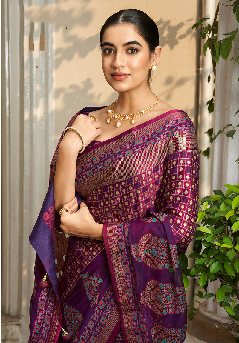 Monjolika Fashion Georgette Printed Purple Classic Saree - Distacart
