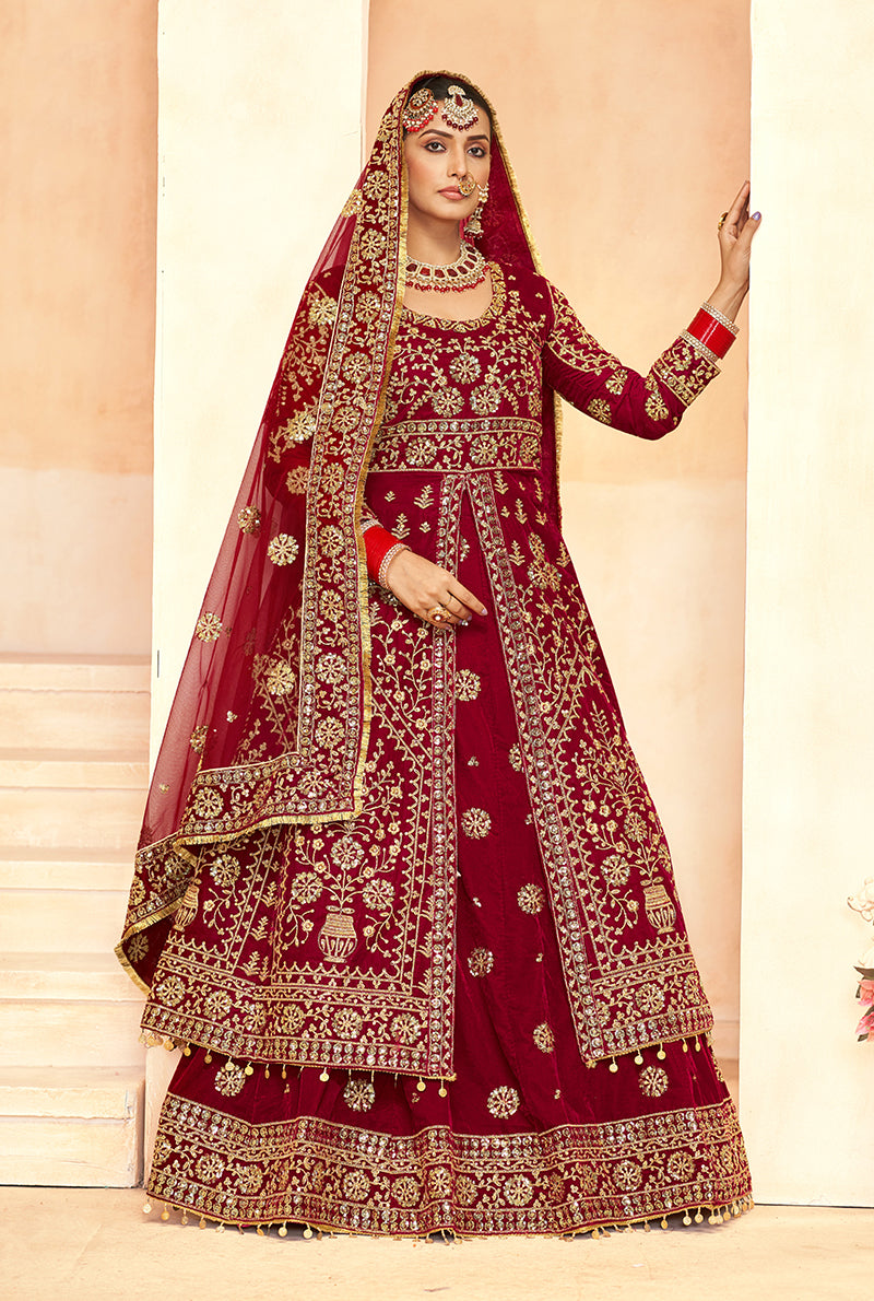 Monjolika Fashion Maroon Embroidered Velvet Designer Long Lehenga Choli