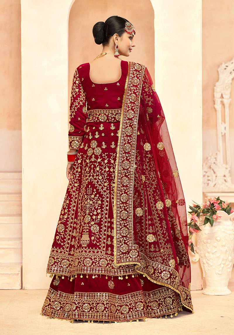 Monjolika Fashion Maroon Embroidered Velvet Designer Long Lehenga Choli