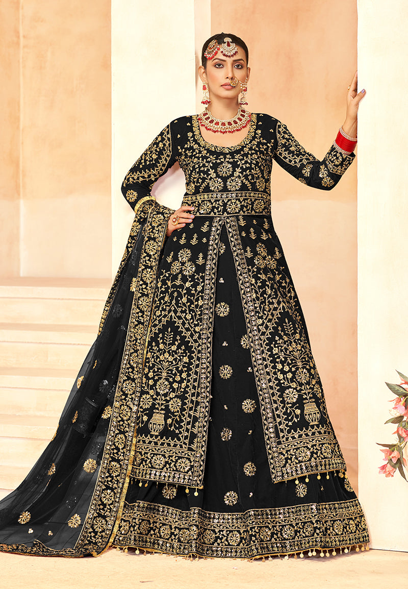 Monjolika Fashion Black Embroidered Velvet Designer Long Lehenga Choli