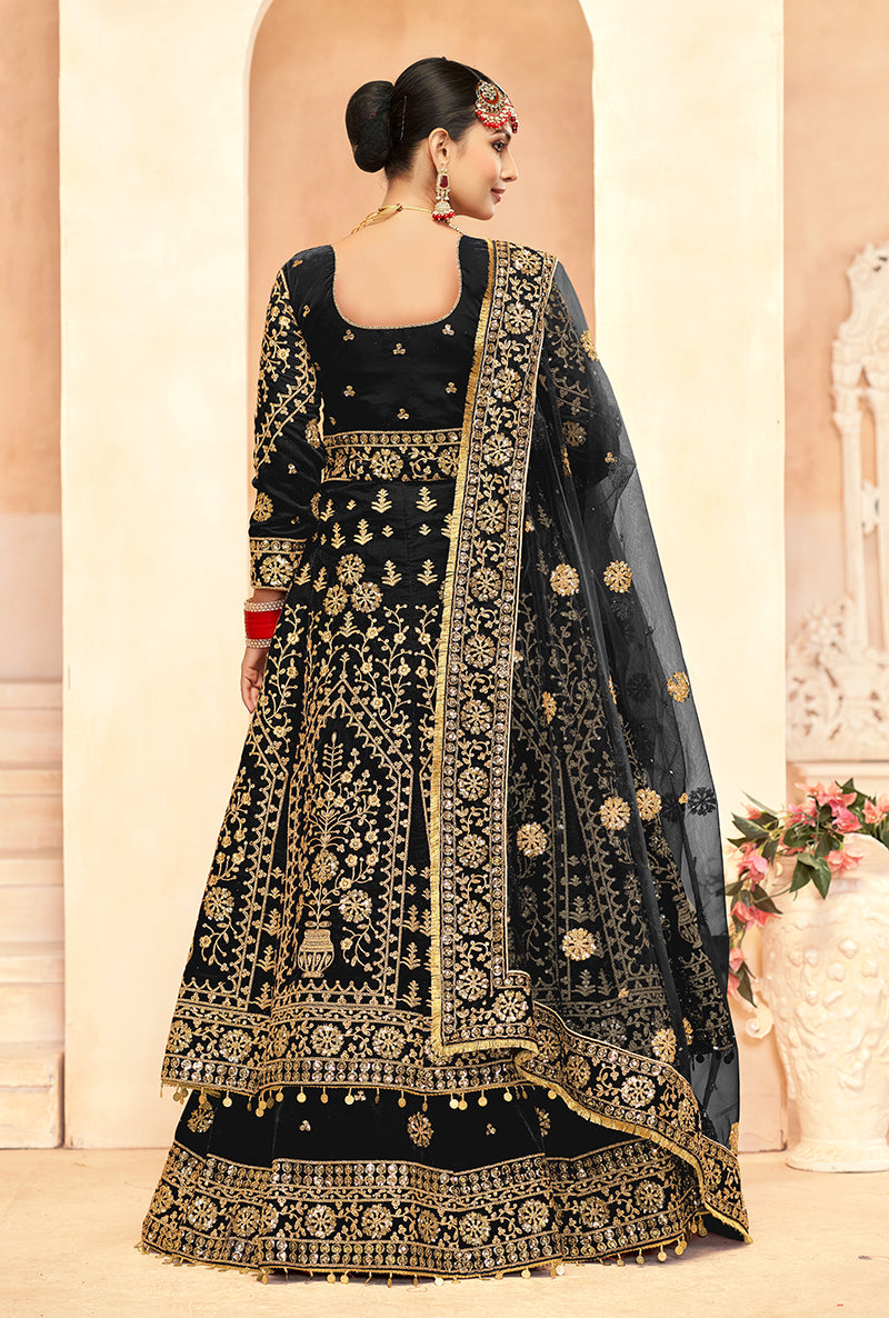 Monjolika Fashion Black Embroidered Velvet Designer Long Lehenga Choli
