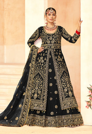 Monjolika Fashion Black Embroidered Velvet Designer Long Lehenga Choli