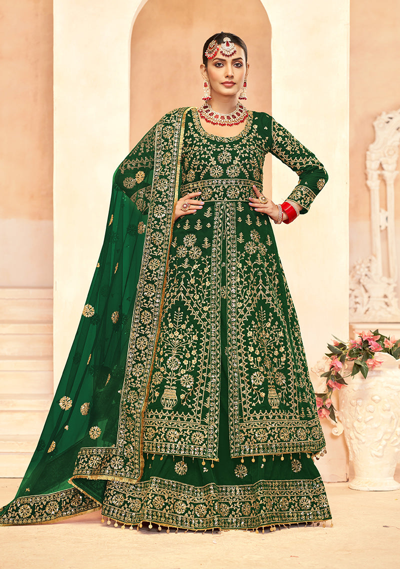 Monjolika Fashion Green Embroidered Velvet Designer Long Lehenga Choli