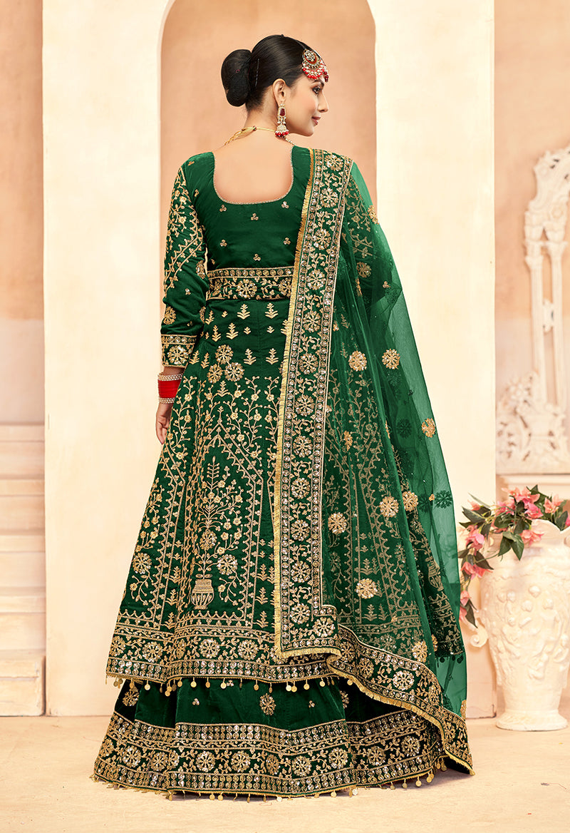 Monjolika Fashion Green Embroidered Velvet Designer Long Lehenga Choli