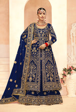 Thumbnail for Monjolika Fashion Navy Blue Embroidered Velvet Designer Long Lehenga Choli