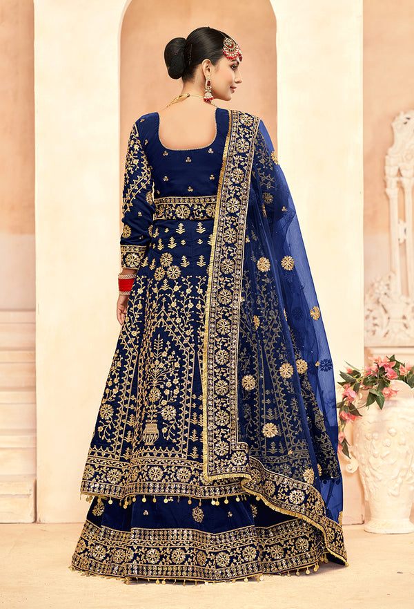 Monjolika Fashion Navy Blue Embroidered Velvet Designer Long Lehenga Choli