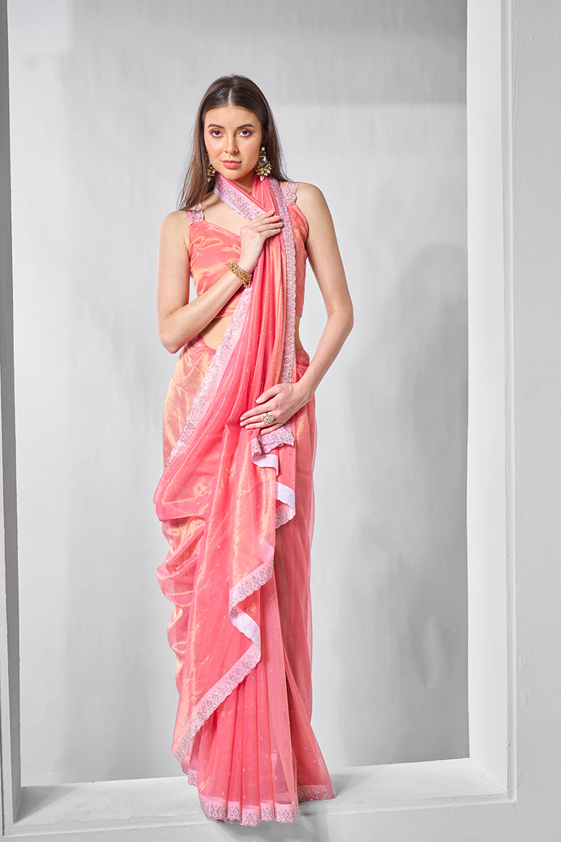 Monjolika Fashion Pink Gold Tissue Net Fancy Party Wear Saree