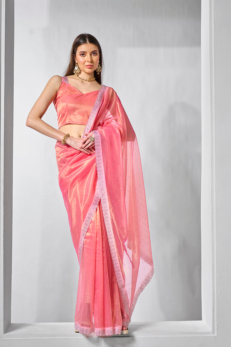 Monjolika Fashion Pink Gold Tissue Net Fancy Party Wear Saree