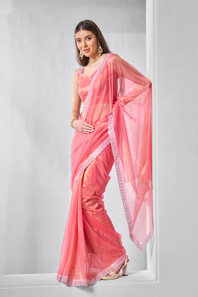Monjolika Fashion Pink Gold Tissue Net Fancy Party Wear Saree
