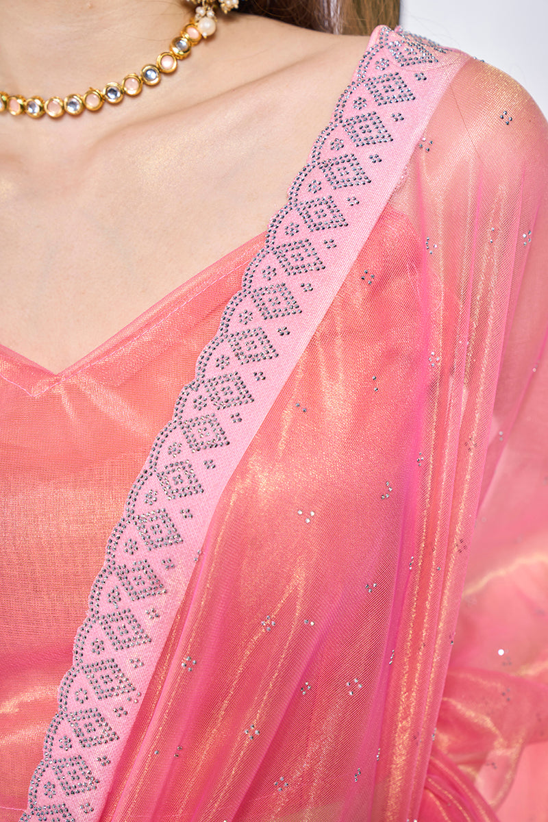Monjolika Fashion Pink Gold Tissue Net Fancy Party Wear Saree