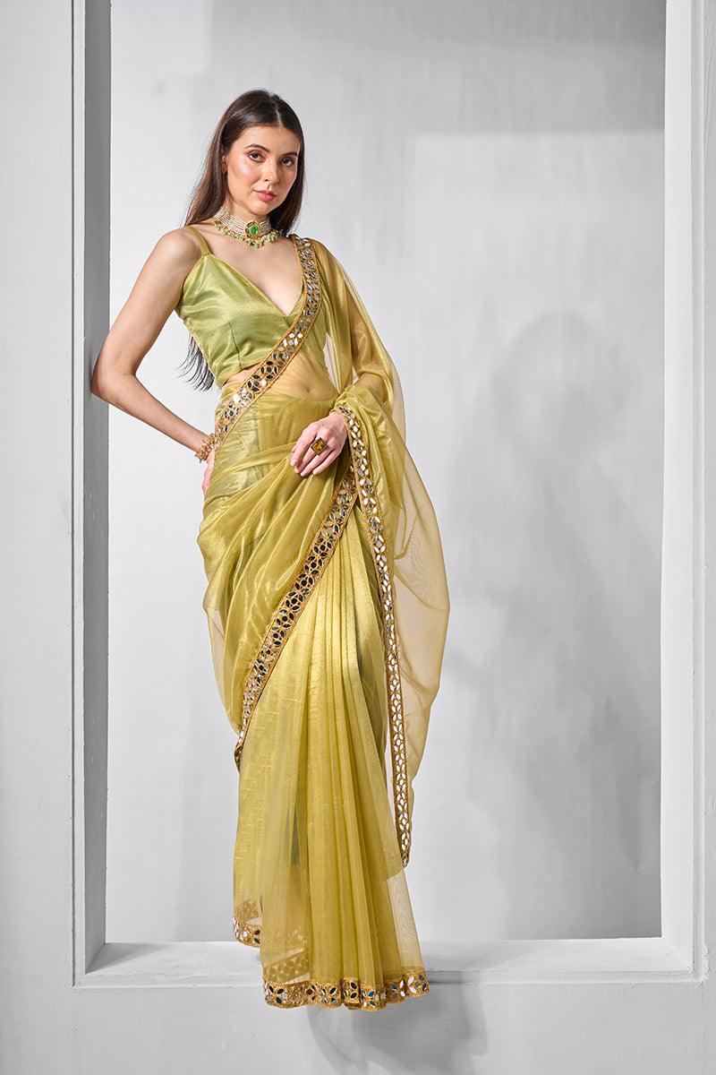 Monjolika Fashion Olive Green Gold Tissue Net Fancy Party Wear Saree