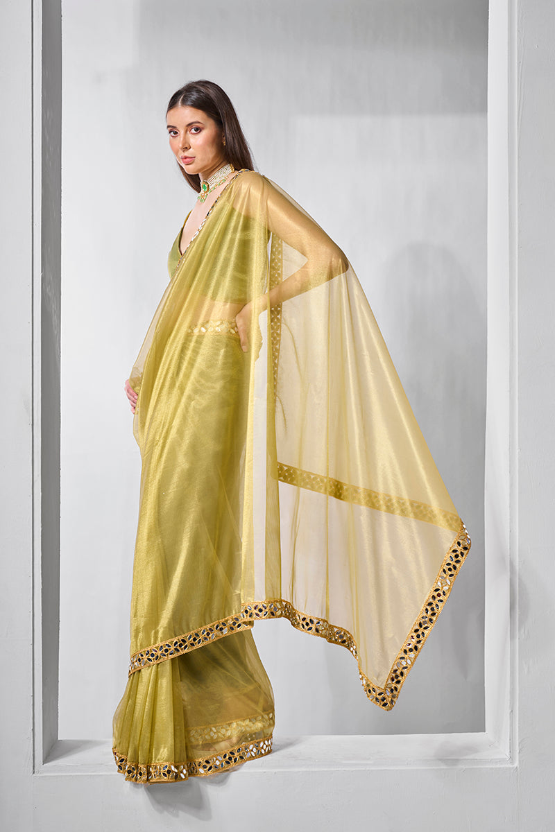 Monjolika Fashion Olive Green Gold Tissue Net Fancy Party Wear Saree