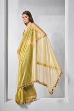 Thumbnail for Monjolika Fashion Olive Green Gold Tissue Net Fancy Party Wear Saree